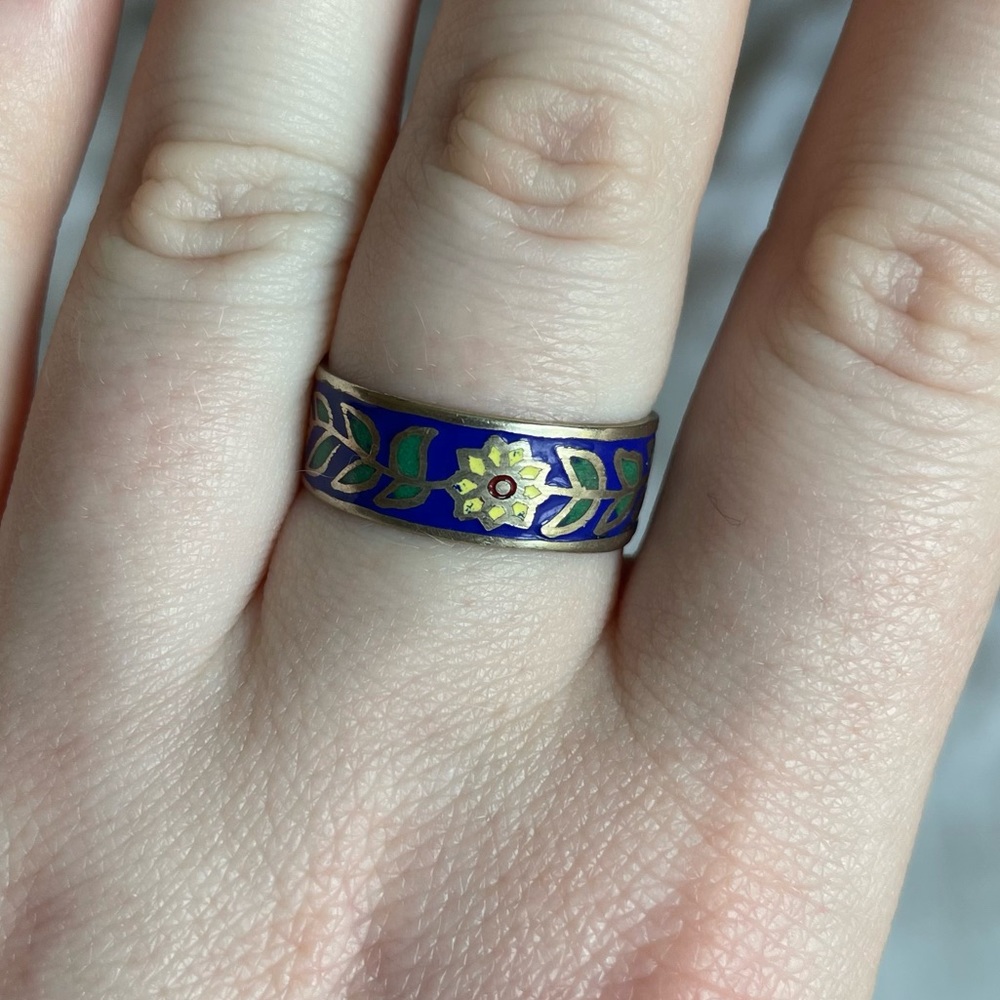 Vintage Blue Sunflower Floral Enamel Ring